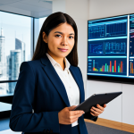 A professional fire safety engineer, confident and poised, dressed in a sharp, modest business suit. She stands in a sleek, modern architectural office or a high-tech control room with large display screens showing building schematics, perhaps a subtle city skyline in the background. The lighting is bright and professional. She holds a tablet or a set of blueprints, looking thoughtfully at the display or at the viewer with a sense of expertise and authority. Professional photography, high detail, sharp focus, natural lighting, perfect anatomy, correct proportions, well-formed hands, proper finger count, natural body proportions, fully clothed, modest clothing, appropriate attire, professional dress, safe for work, appropriate content, family-friendly.