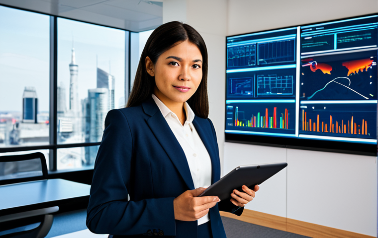 A professional fire safety engineer, confident and poised, dressed in a sharp, modest business suit. She stands in a sleek, modern architectural office or a high-tech control room with large display screens showing building schematics, perhaps a subtle city skyline in the background. The lighting is bright and professional. She holds a tablet or a set of blueprints, looking thoughtfully at the display or at the viewer with a sense of expertise and authority. Professional photography, high detail, sharp focus, natural lighting, perfect anatomy, correct proportions, well-formed hands, proper finger count, natural body proportions, fully clothed, modest clothing, appropriate attire, professional dress, safe for work, appropriate content, family-friendly.