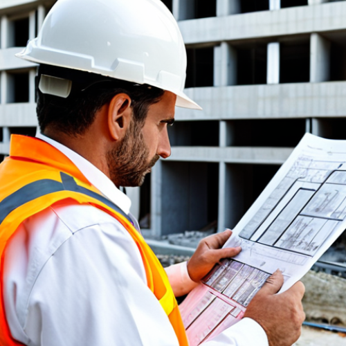 Home 16 Fire Safety Engineer at Work**
A professional fire safety engineer, fully clothed in appropriate attire (e.g., safety vest, hard hat), reviewing building plans at a construction site in Madrid, Spain. The engineer is examining blueprints with a focus on fire exits and sprinkler systems. Background includes modern architecture and construction equipment. Perfect anatomy, correct proportions, professional, safe for work, appropriate content. High quality, natural pose.
**