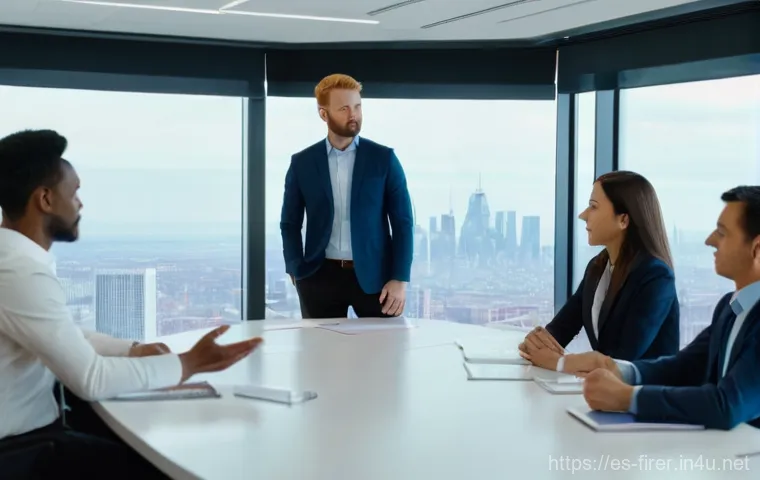 소방설비기사 이직 성공 사례 - "A diverse group of five professionals, including men and women of various ethnicities, engaged in a...