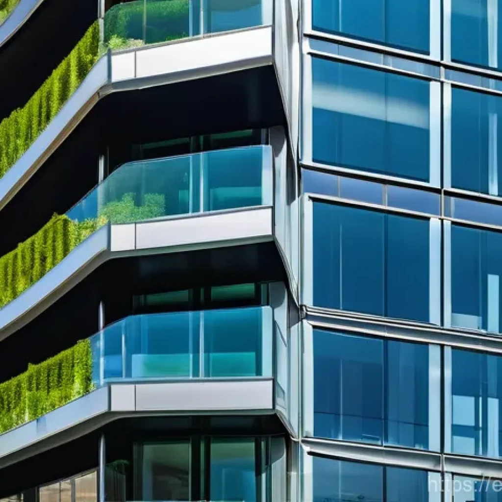 소방설비기사의 주요 연구 주제 - A futuristic, sustainable high-rise building in a bustling Spanish city, featuring a sleek glass and...