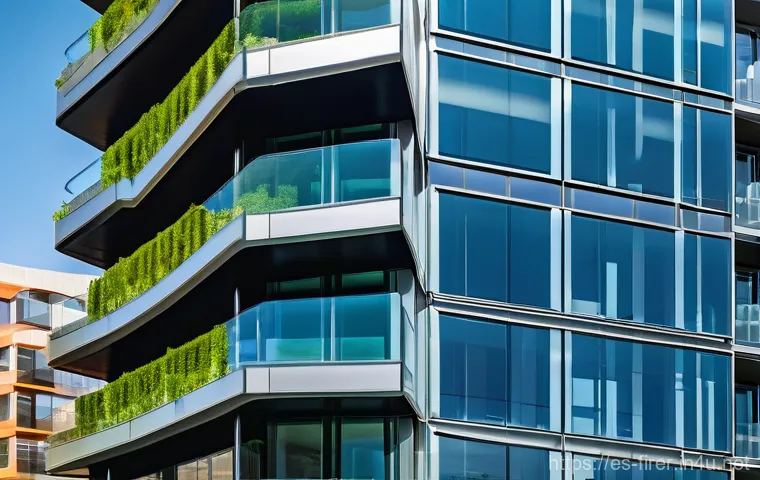 소방설비기사의 주요 연구 주제 - A futuristic, sustainable high-rise building in a bustling Spanish city, featuring a sleek glass and...