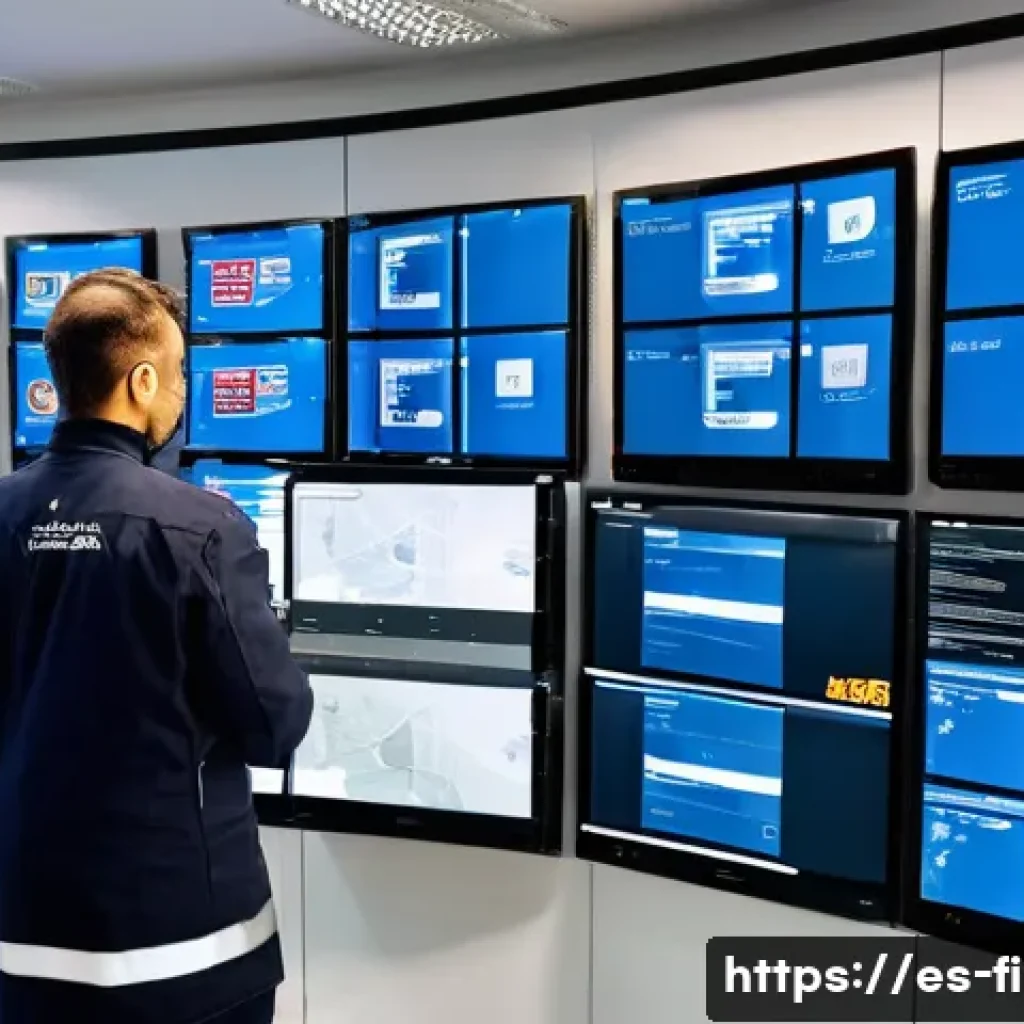 소방설비기사와 자동화 기술 - A modern fire prevention control room inside a high-tech industrial building in Spain, featuring lar...