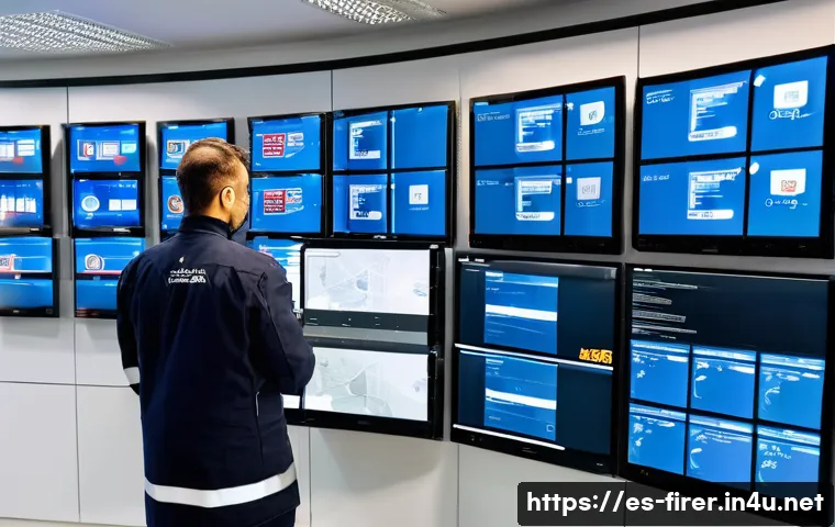 소방설비기사와 자동화 기술 - A modern fire prevention control room inside a high-tech industrial building in Spain, featuring lar...