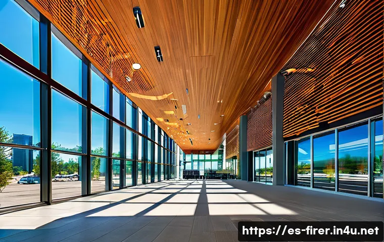 소방설비기사와 에너지 절감 기술 - A modern commercial office building lobby showcasing an integrated fire detection and energy managem...