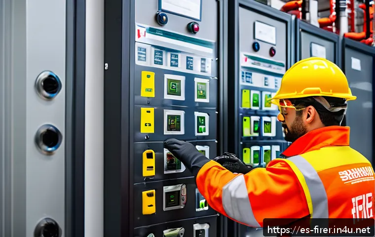 소방설비기사 연봉 평균 및 상위권 비교 - A professional male fire protection technician in a modern industrial facility in Madrid, wearing a ...