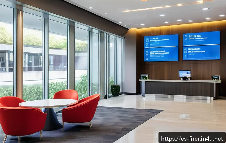 소방설비기사와 스마트 빌딩 시스템 - A modern commercial building lobby equipped with advanced multisensory fire detection systems: visib...