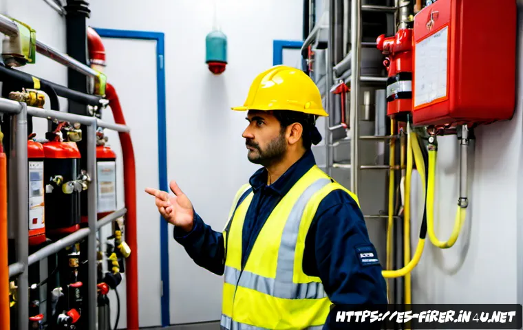 Home 17 소방설비기사의 필수 소프트 스킬 - Photorealistic Spanish-speaking fire protection engineer in a clean commercial building mechanical r...