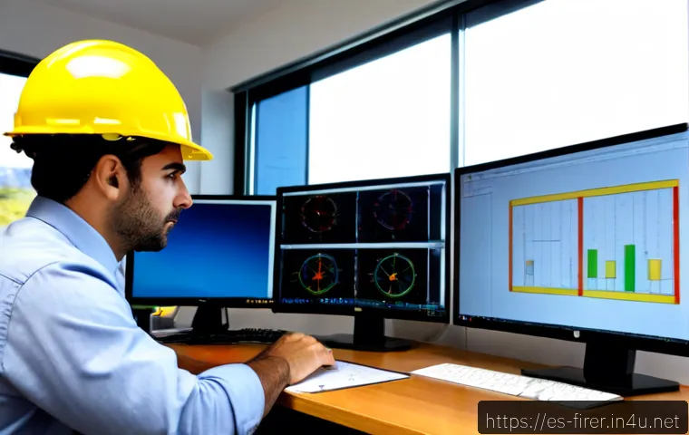 Home 17 소방설비기사 실무에서 사용하는 소프트웨어 - Photorealistic Spanish fire protection engineer working at a clean modern office desk, viewing a det...