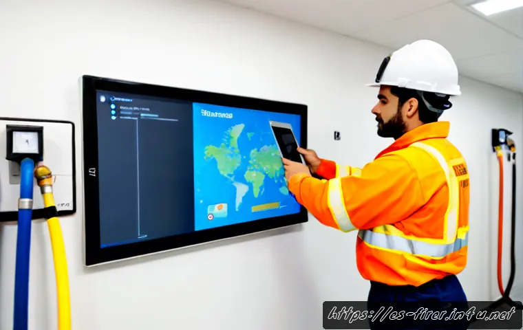 소방설비기사와 해외 취업 가능성 - Photorealistic Spanish fire protection engineer in clean safety gear inspecting a modern commercial ...