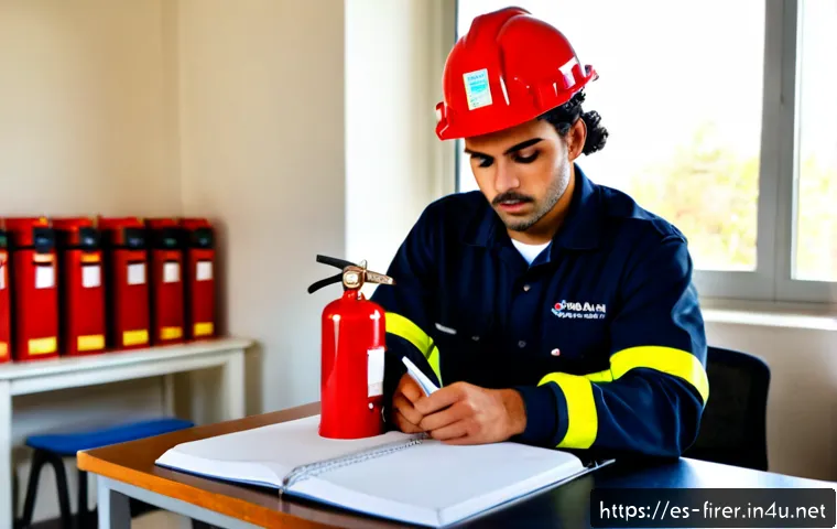 소방설비기사 시험에서 합격률 높은 과목 - Photorealistic Spanish-speaking adult engineering student confidently studying fire safety equipment...